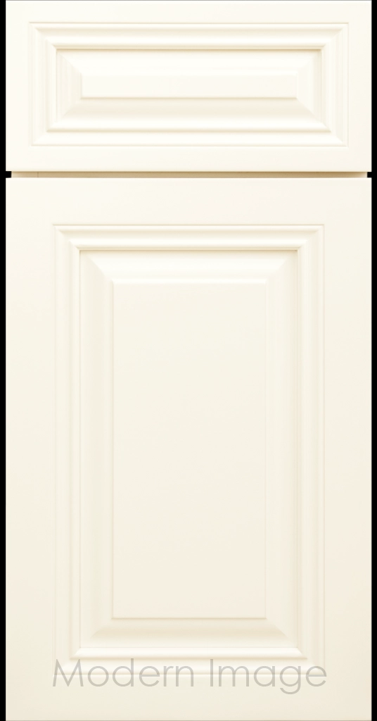 Vanilla matte Cambridge cabinet door with a mitered frame and raised center panel.